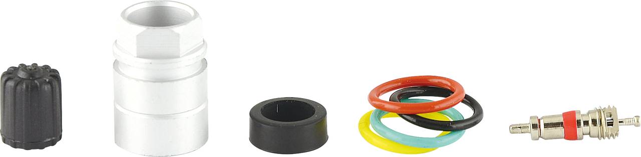 Verschiedene Fahrradventilteilesatz: schwarze Ventilkappe, silberner Adapter, schwarze Dichtung, farbige Dichtungsringe, Ventil.