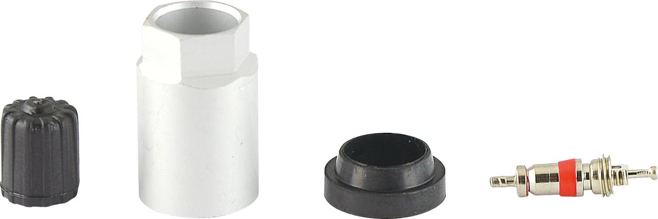 Vier Werkzeuge zur Autoreparatur: Ventilkappe, Ventilschlüssel, Gummidichtung, Ventileinsatz.