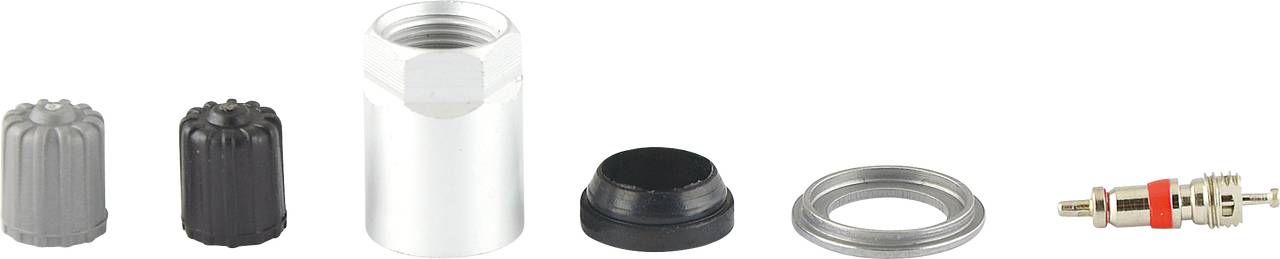 Zubehörset für Reifenventile, bestehend aus zwei Ventilkappen, einem Ventilschaftadapter, einem Dichtungsring, einem Metallring und einem Ventileinsatz.