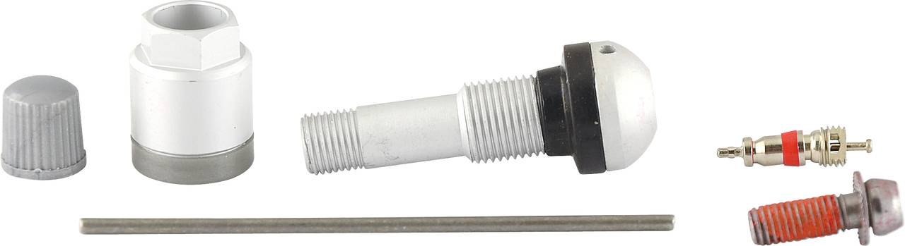 Ventilreparatursatz mit verschiedenen Teilen: Ventilhalter, Gummidichtung, doppelseitiger Metallstab und zwei Einsätze.