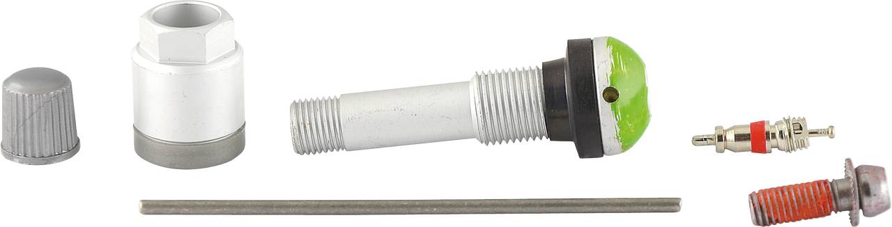 Ein Reifenventilsatz mit Kappe, Ventilschaft, Ventileinsatz und Dichtschrauben, geeignet für die Montage und Reparatur von Autoreifen.