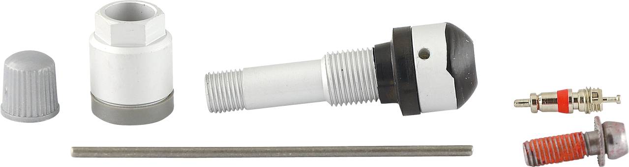 Ein Reifenventil-Reparaturset mit Ventilkern, Kappe, Werkzeug und Ersatzteil, auf weißem Hintergrund abgebildet.
