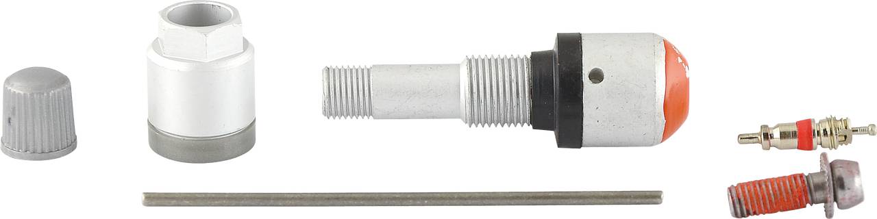 Ersatzteile für eine Fahrradluftpumpe, darunter eine Dichtkappe, ein Ventil, ein Schlauchadapter und ein Schraubendreheraufsatz.