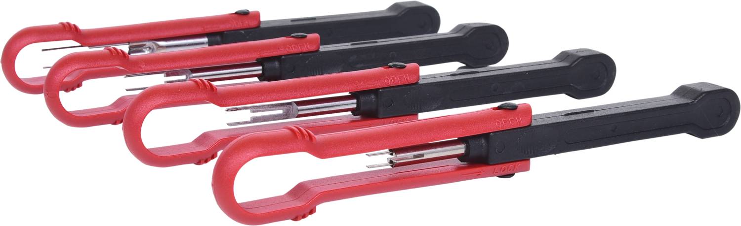 Mehrere rote und schwarze elektrische Prüfstecker in einer Reihe.