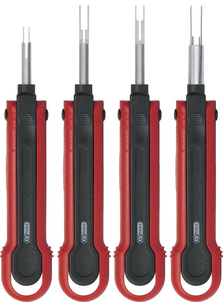 Vier rote und schwarze Spezialwerkzeuge mit unterschiedlichen Spitzen, vermutlich für technische Anwendungen in Elektronik oder Mechanik.