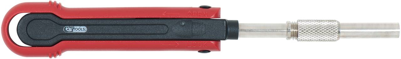 Ein rotes und schwarzes Werkzeug mit einem schmalen, langen Griff und einer silbernen drehbaren Spitze, vermutlich ein Lötkolben.
