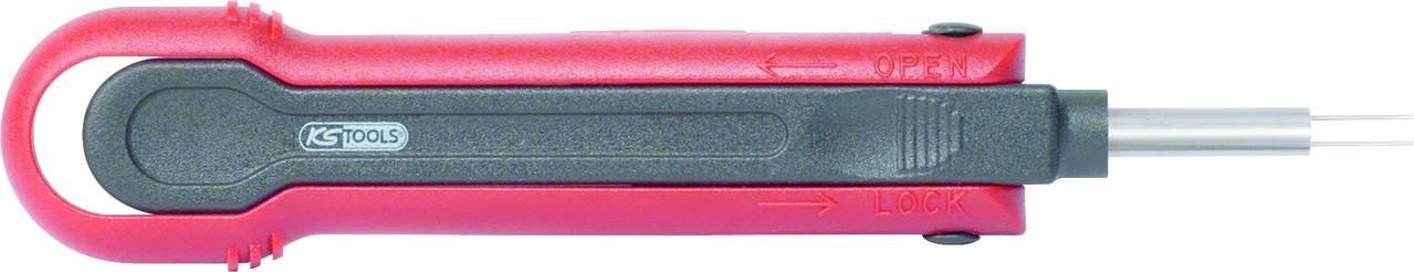 Rotes und schwarzes Werkzeug, vermutlich ein Abisolierer, mit Pfeilen zur Richtung und der Aufschrift '3-9,5mm'.