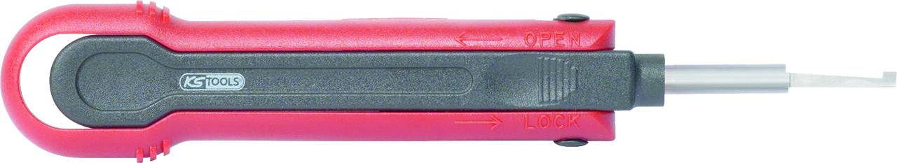 Ein rotes und schwarzes handbetätigtes Werkzeug mit einem metallischen Einsatz am Ende, geeignet für spezifische Präzisionsarbeiten.