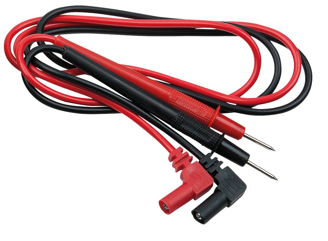 Rote und schwarze Multimeter-Prüfkabel mit Metallspitzen und isolierten Griffen, verwendet zur elektrischen Messung und Diagnostik.