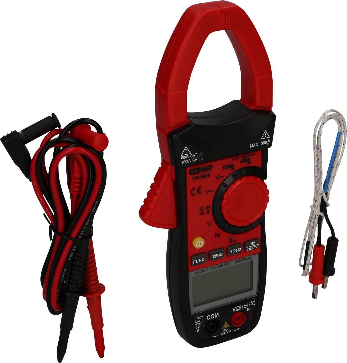 Ein digitales Zangenmultimeter mit rotem Gehäuse und mehreren Funktionen. Daneben liegen Messleitungen und ein Temperaturfühler.