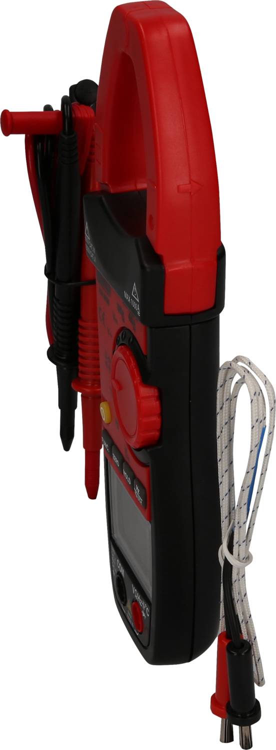 Digitalmultimeter in Seitenansicht, rot-schwarz, mit Messleitungen und Prüfspitzen, zum Messen von elektrischen Größen.