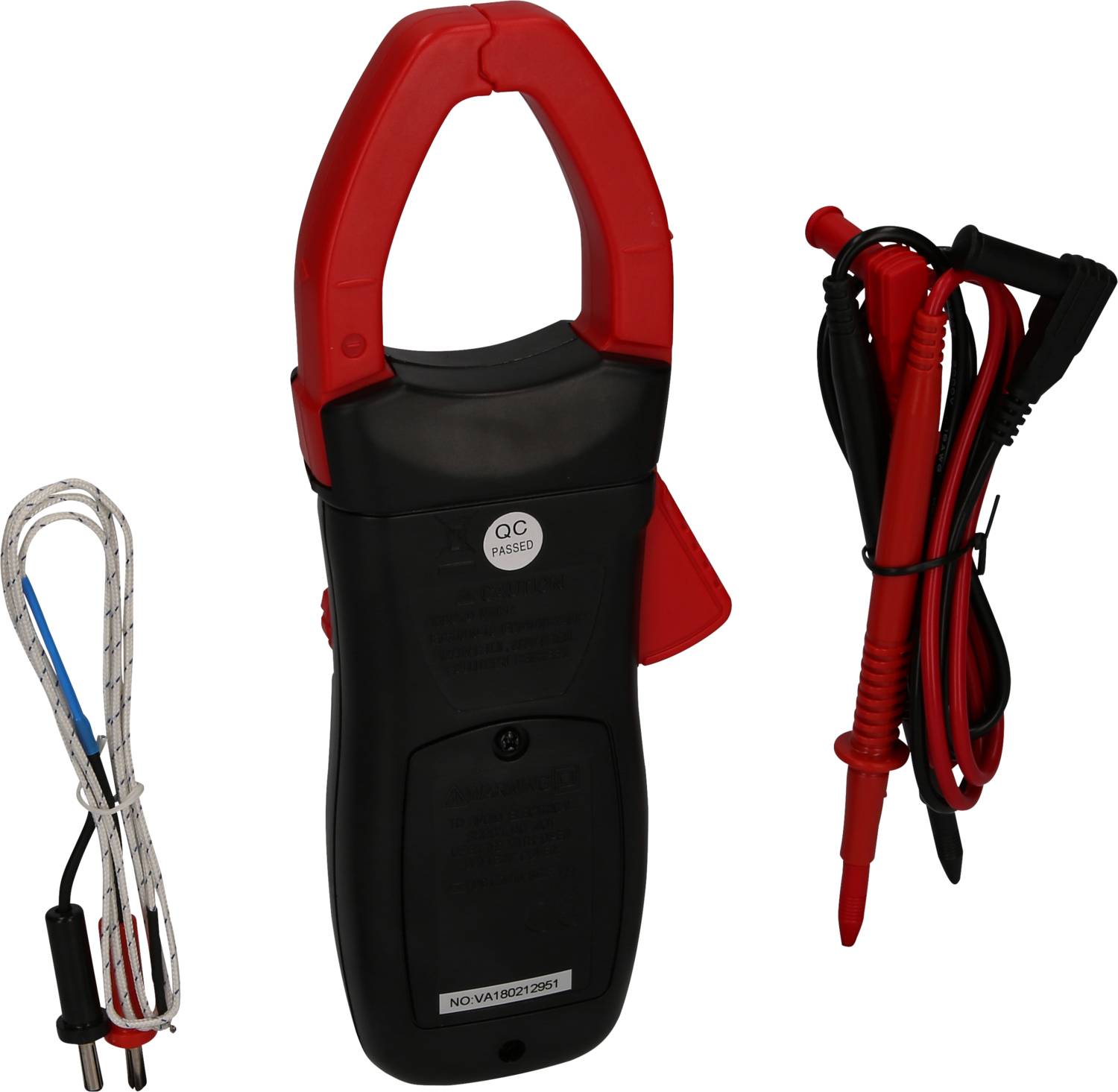 Digitales Zangenmessgerät, schwarzes Gehäuse, rote Greifer. Beiliegende Messkabel für elektrische Messungen.