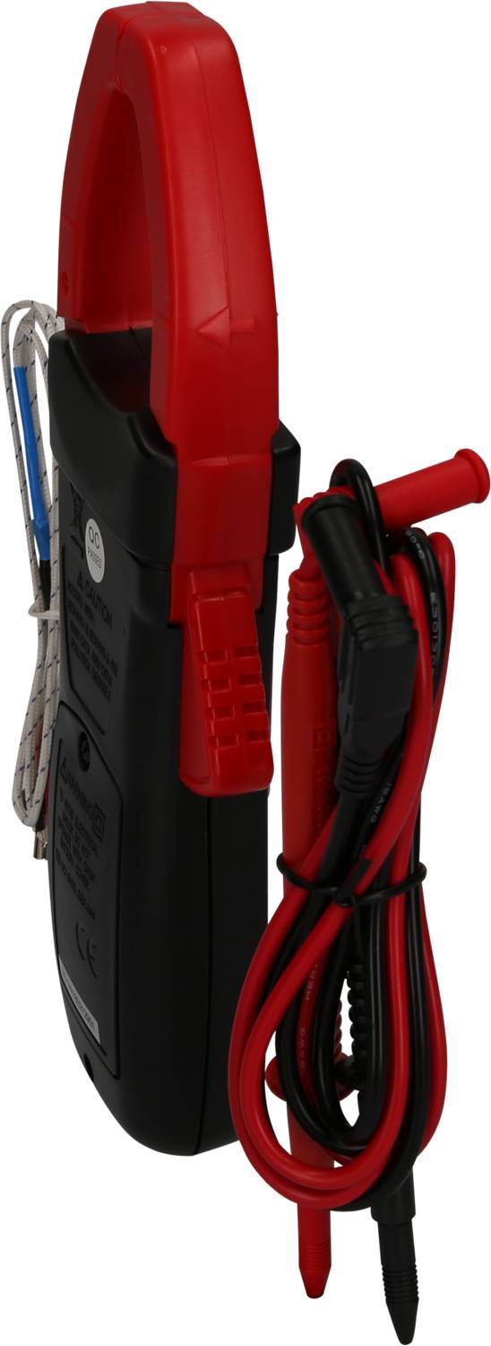 Ein rotes und schwarzes digitales Zangenmultimeter mit Messleitungen, geeignet für elektrische Messungen wie Spannung und Strom.
