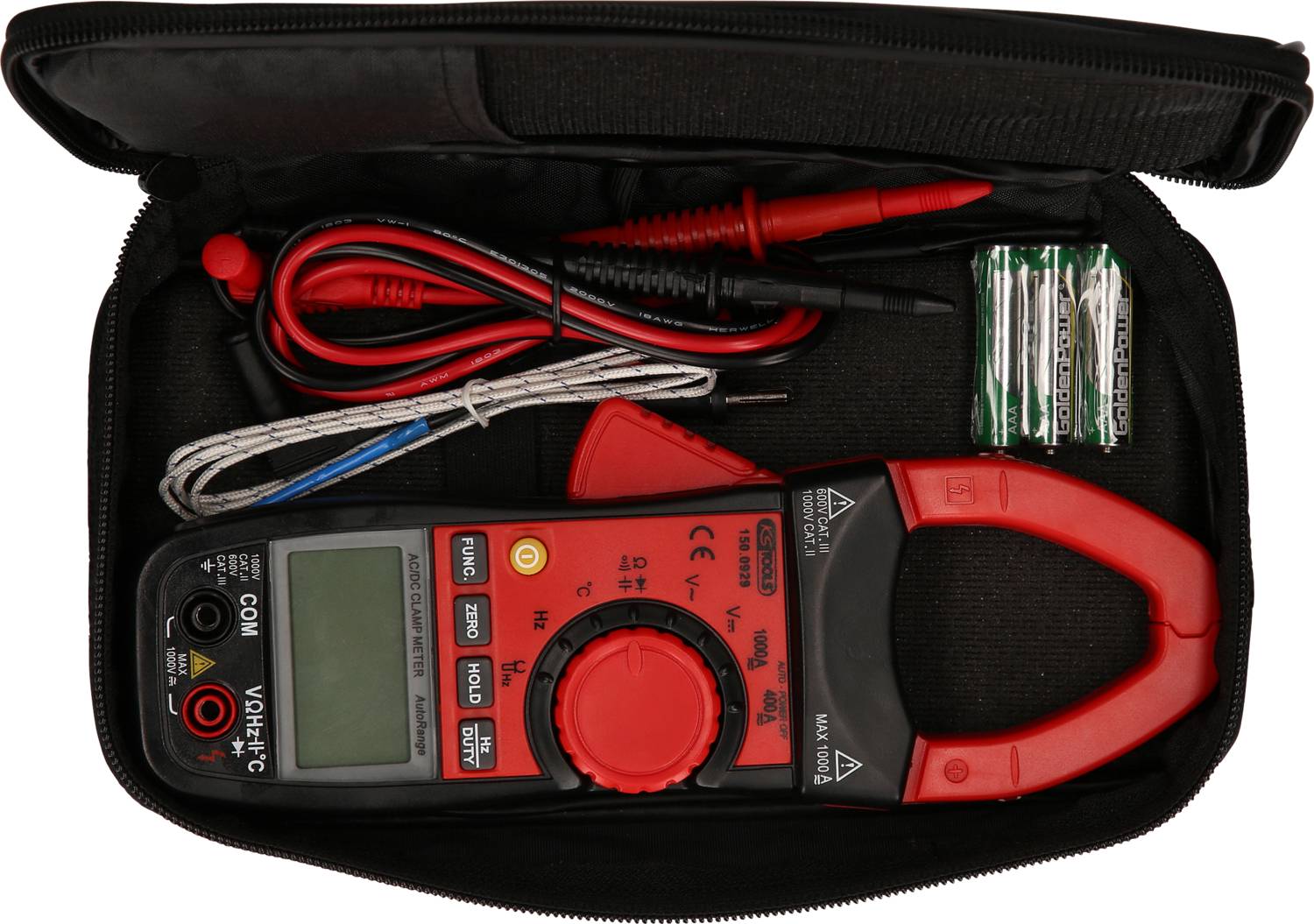 Digitales Multimeter-Set in tragbarer Tasche, mit roten und schwarzen Prüfspitzen, Drähten und Batterien. Ideal für elektrische Messungen.