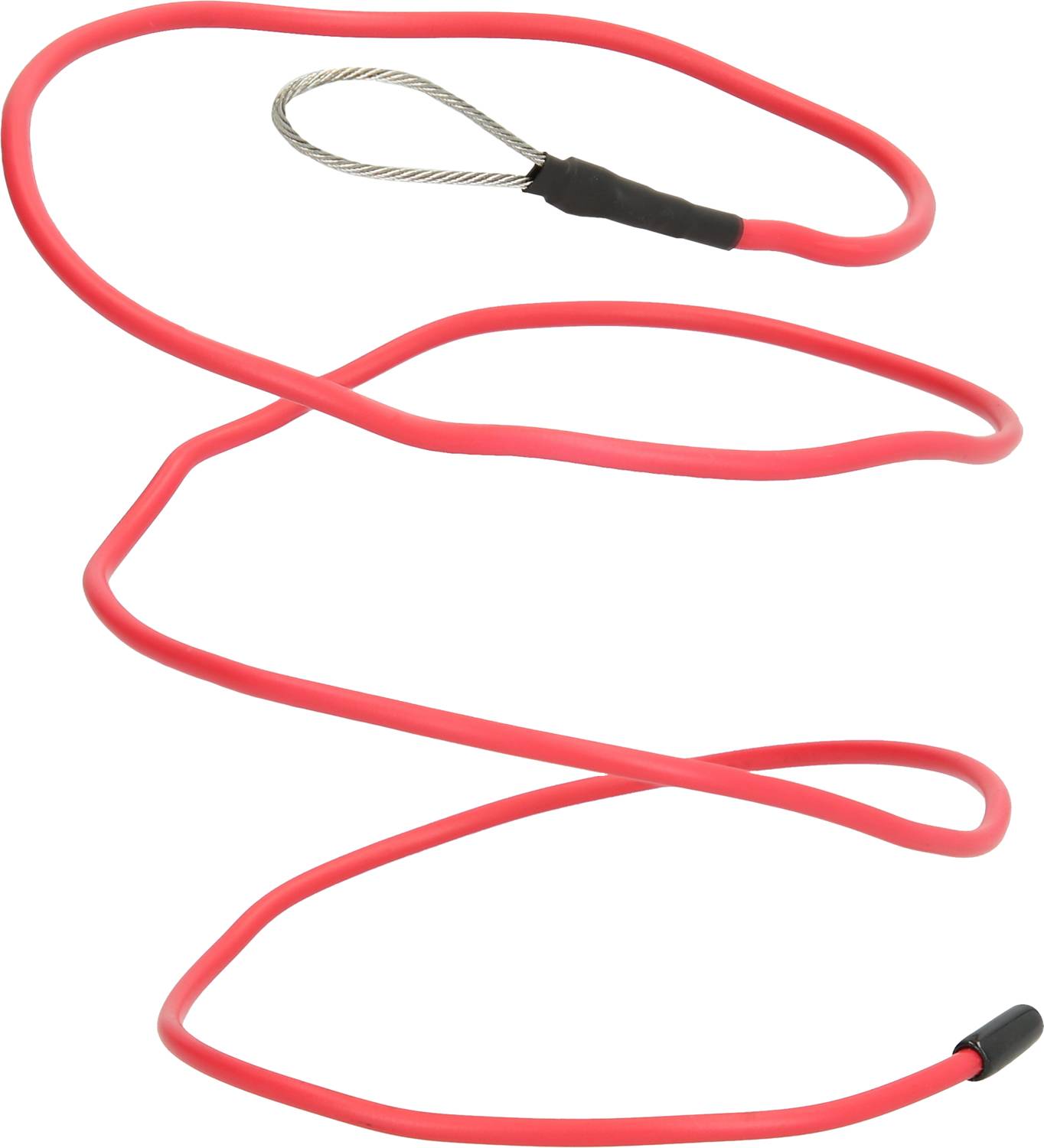 Rotes Spiralkabel mit Metallschlaufe an einem Ende, vermutlich zur Sicherung von Gegenständen.