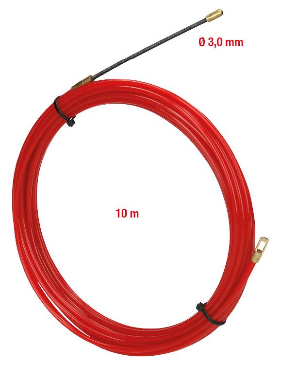 Rotes Kabelziehband, 10 Meter lang, Durchmesser 3,0 mm, mit Metalleinsatz an den Enden, zum Einziehen von Kabeln in Rohre.