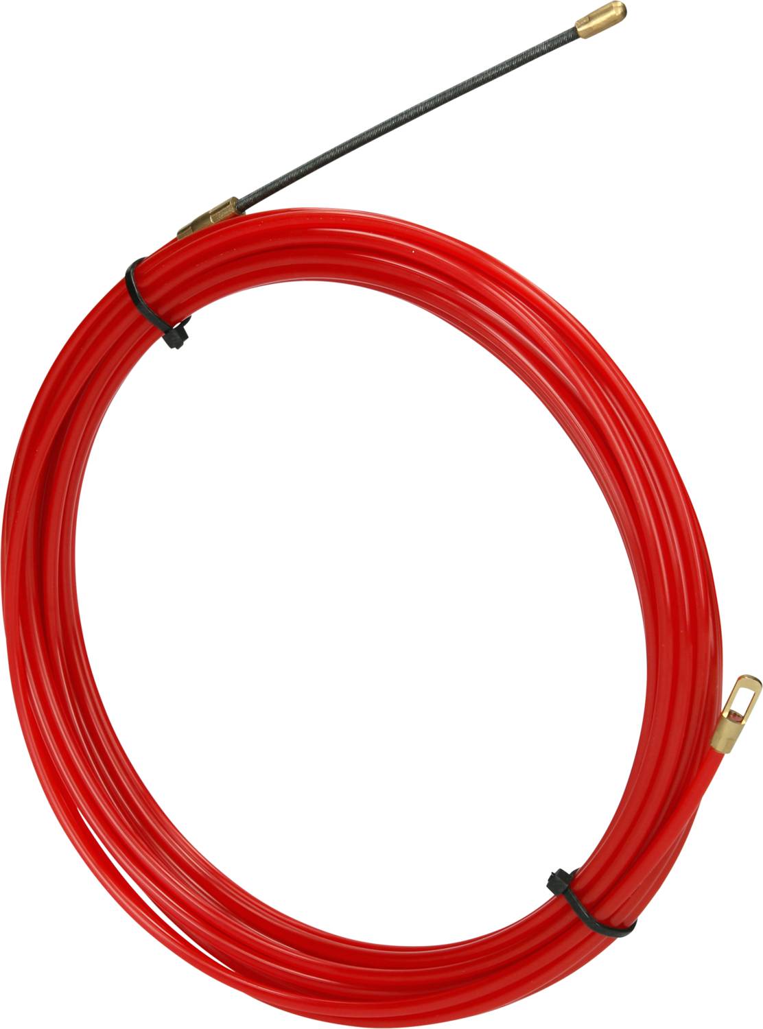 Rotes Kabel mit Metallendstück, aufgerollt in einer Schleife. Dient wahrscheinlich zur Installation oder Wartung von Kabeln.
