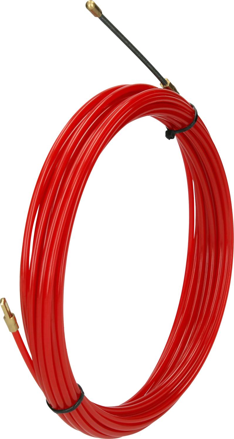 Rote Kabel-Einziehhilfe, aufgerollt, mit Metallspitze, wird für das Verlegen von Kabeln in engen oder schwer zugänglichen Bereichen verwendet.