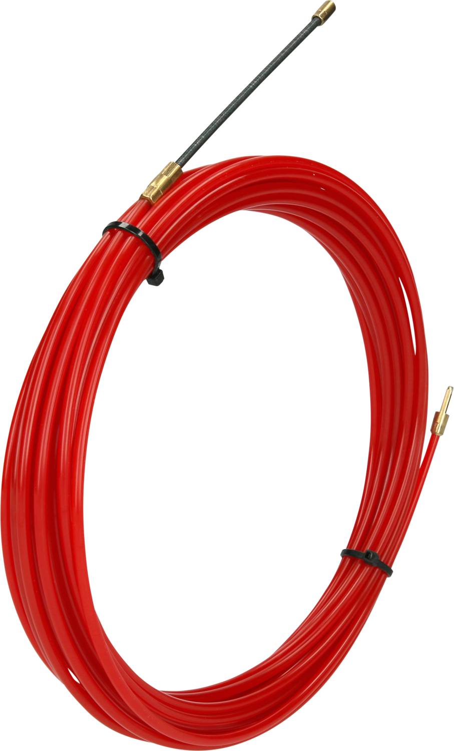 Ein rotes Kabel oder Draht ist zu einem Kreis gewickelt. An beiden Enden befinden sich vergoldete Anschlüsse.
