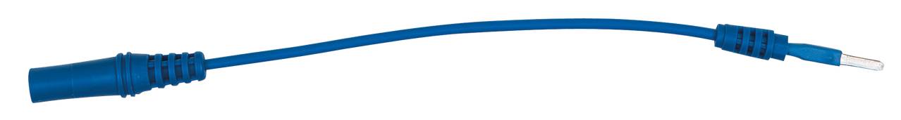 Blaues elektrisches Verbindungskabel mit zwei verschiedenen Enden: eine Buchse links und ein Pin-Stecker rechts.
