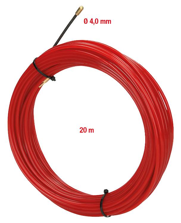 Ein rotes Kabel, 20 Meter lang, Durchmesser 4,0 mm, aufgewickelt und mit zwei schwarzen Kabelbindern gesichert.