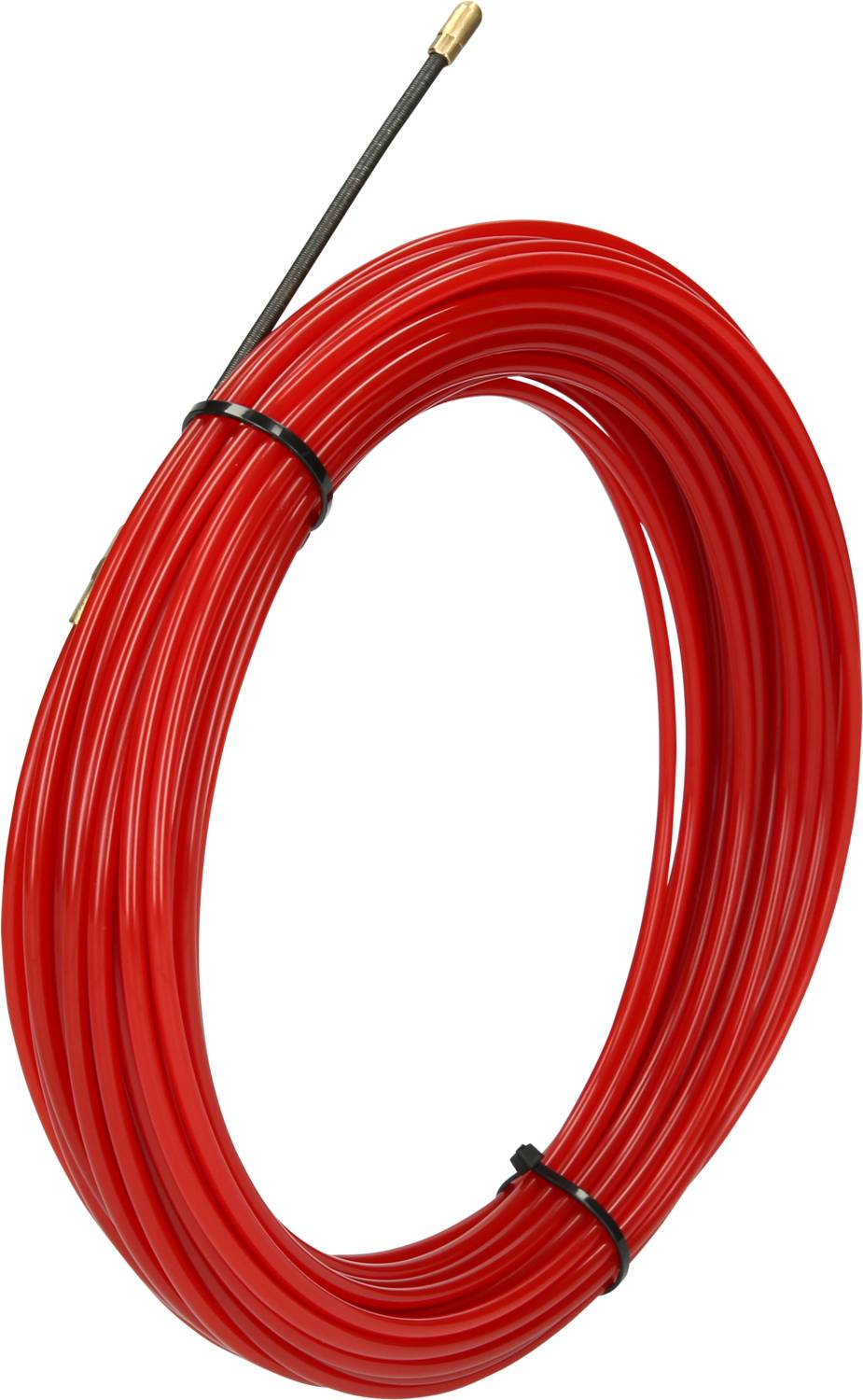 Rotes Rohrreinigungsgerät mit Metallkabel, aufgerollt und durch einen schwarzen Kabelbinder gesichert.