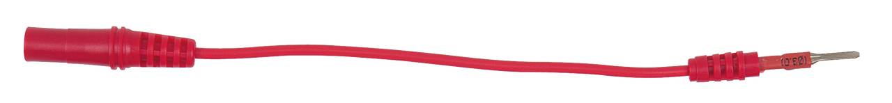 Rotes Kabel mit zwei Steckern an beiden Enden, geeignet für elektrische Verbindungen oder Anschlüsse in elektronischen Geräten.