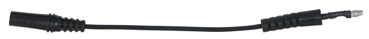 Schwarzes Stromkabel mit zwei Steckverbindern, einer männlichen und einer weiblichen Buchse, zum Verbinden elektrischer Geräte.