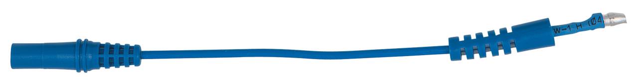 Blaues elektrisches Kabel mit Steckverbinder und geriffeltem Schutz, verwendet für Audio- oder Videoverbindungen.