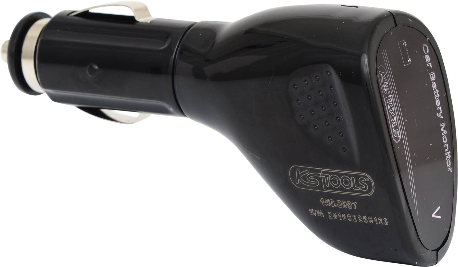 Ein schwarzes Gerät für den Zigarettenanzünder eines Autos mit der Aufschrift 'KS TOOLS'. Es überwacht die Autobatteriespannung.
