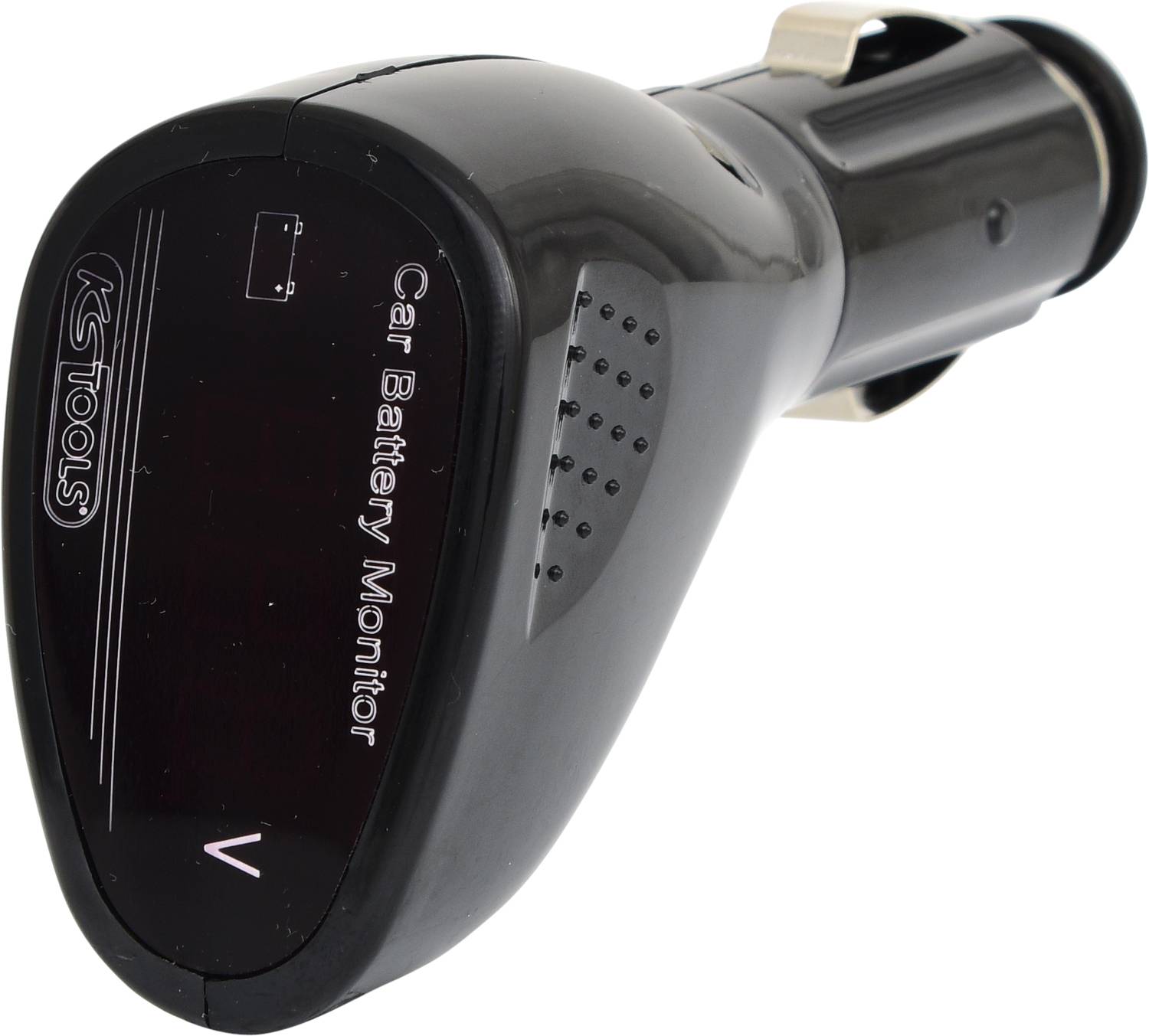 Ein schwarzer Autospannungsprüfer mit der Aufschrift 'Car Battery Monitor', zeigt Spannungsstände über den Zigarettenanzünder an.