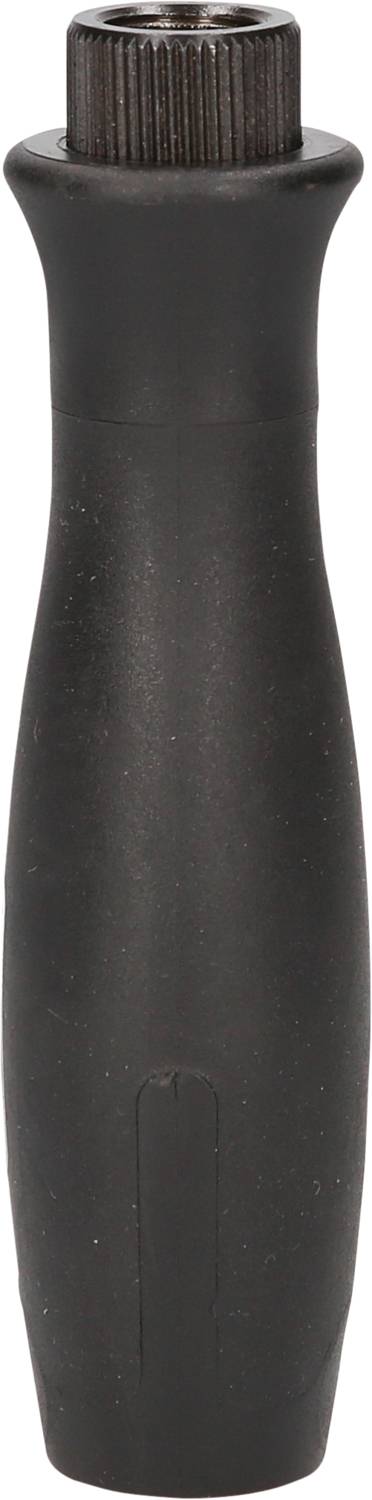 Ein schwarzer, zylindrischer Griff mit geriffeltem Drehknopf oben.
