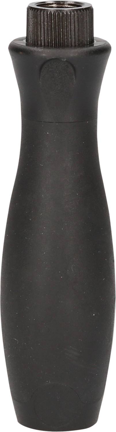 Schwarzer, geriffelt gestalteter Gerätegriff in vertikaler Ausrichtung. Geeignet für komfortablen und festen Halt bei der Anwendung.