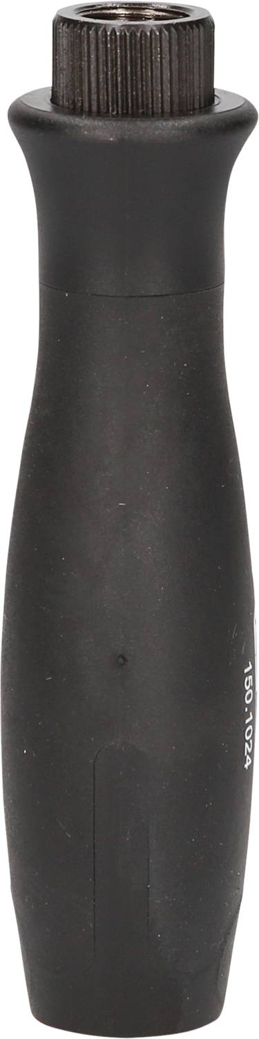 Schwarzer Griff einer Schraubendreherspitze, schmal und lang, mit geriffeltem oberen Ende zur besseren Handhabung.