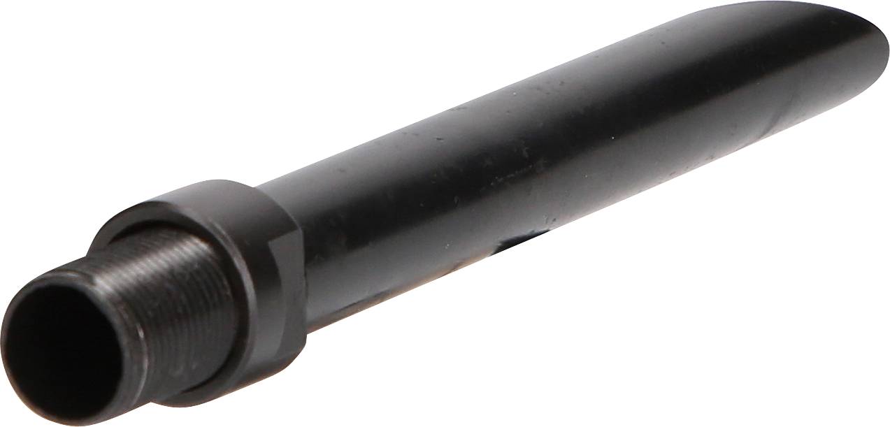 Ein schwarzes, zylinderförmiges Metallrohr, das sich verjüngt. Es hat ein Gewinde an einem Ende, vermutlich für Verbindungszwecke.