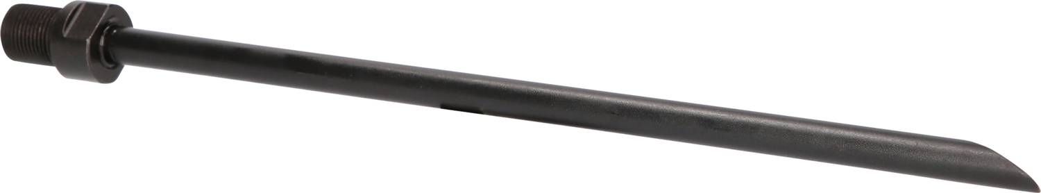 Ein langer, schwarzer Metallstab mit einem abgeschrägten Ende und einer Schraubenbefestigung an einem Ende.