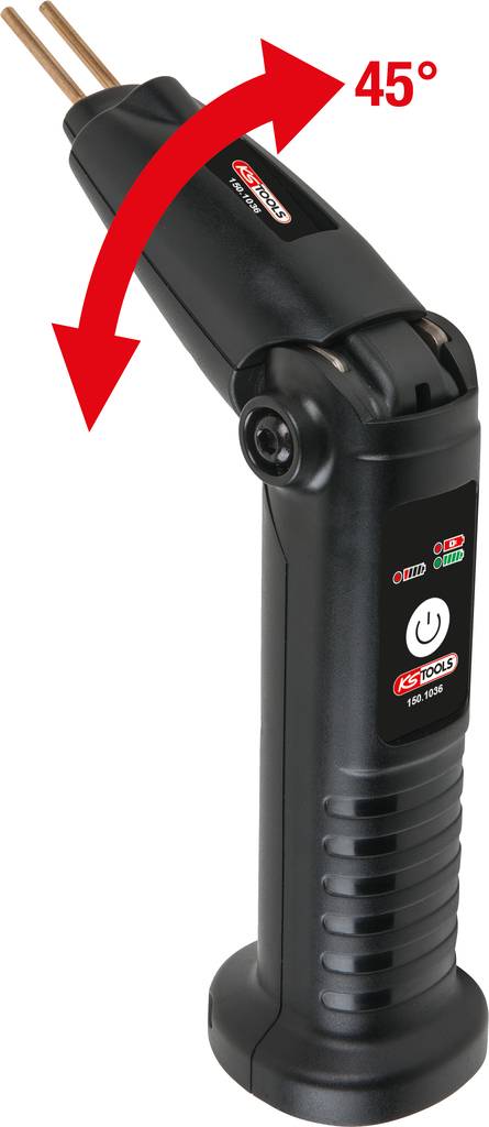 'IS Tools' elektrische Lötpistole mit drehbarem Kopf, verstellbar um 45°. Tasten und LED-Anzeigen auf dem Griff sichtbar.
