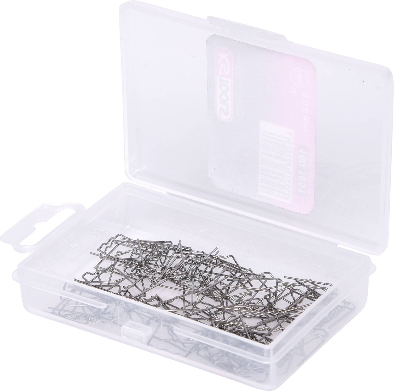 Offene Plastikbox mit vielen silbernen Büroklammern.