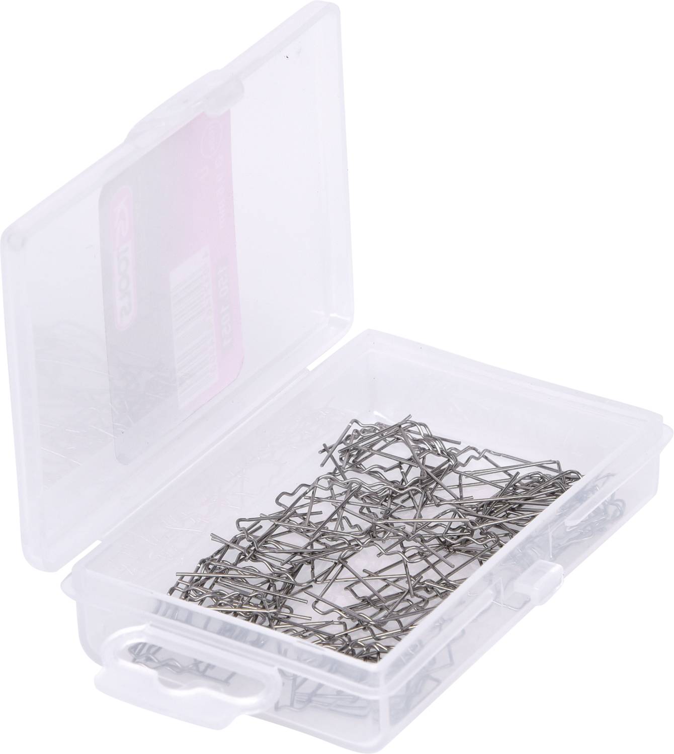 Eine geöffnete, transparente Box mit vielen Metall-Papierklammern, die ungeordnet darin liegen. Die Box hat einen weißen Verschluss.