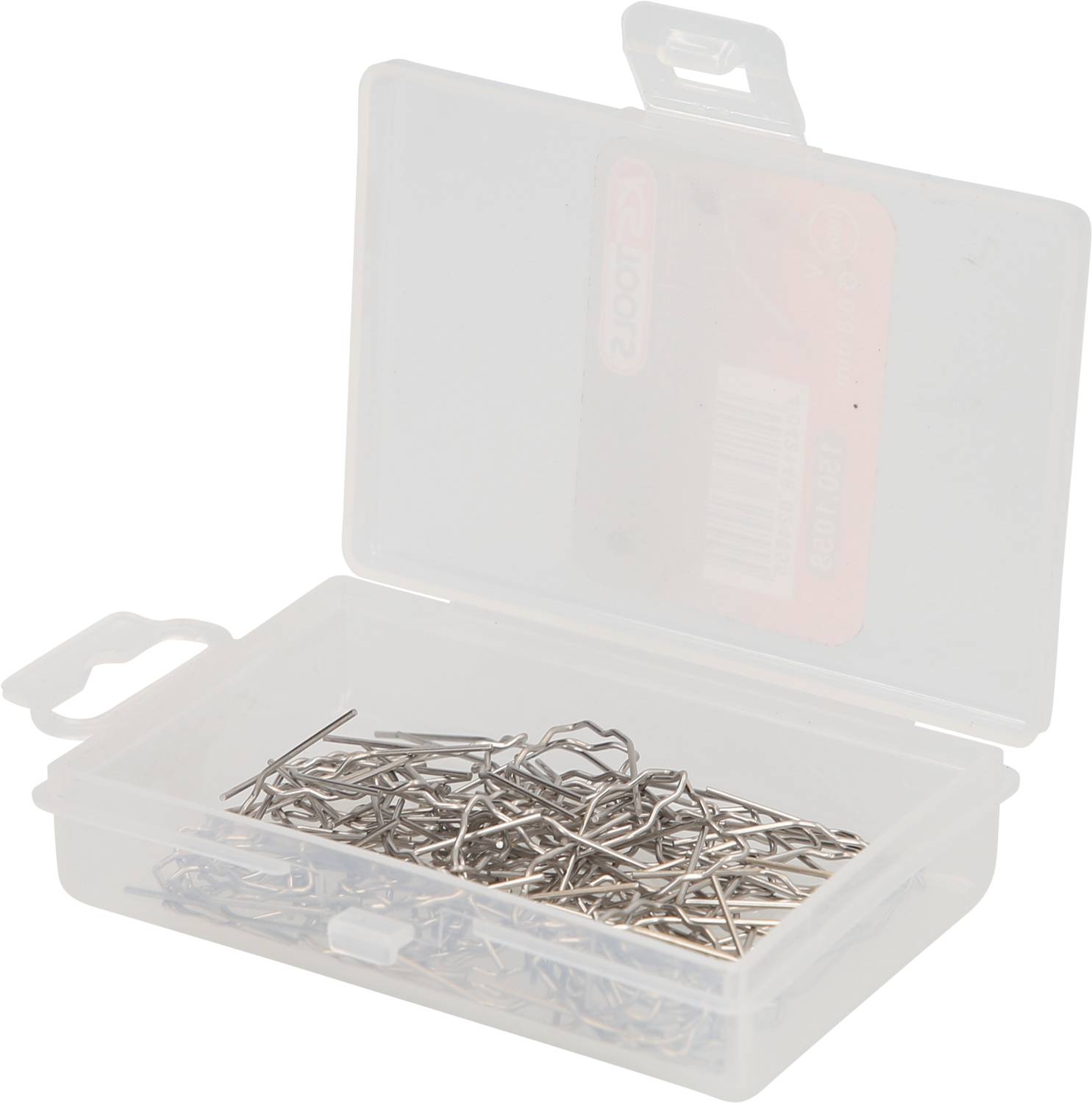 Eine geöffnete Plastikbox voller Büroklammern. Die Box ist durchsichtig und zeigt eine Ansammlung von silbernen Büroklammern innen.