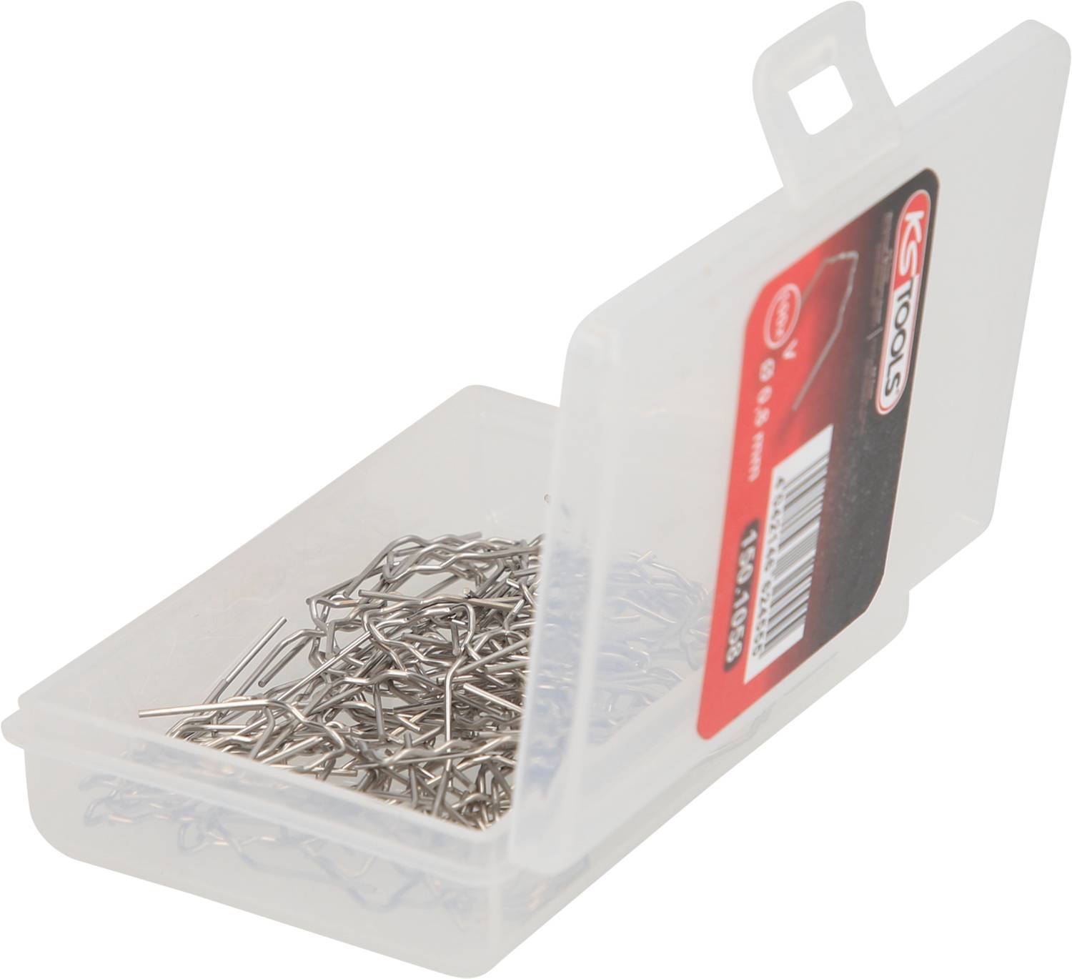 Kleine Kunststoffbox mit geöffnetem Deckel, gefüllt mit Metallklammern. Aufkleber an der Seite mit Produktinformationen.