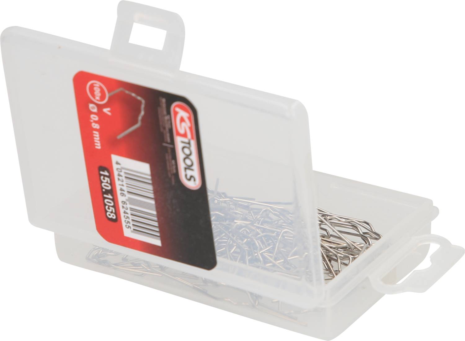 Eine offene Schachtel mit silbernen Nägeln, etikettiert mit 'KS Tools, 100g, 0,8mm'.