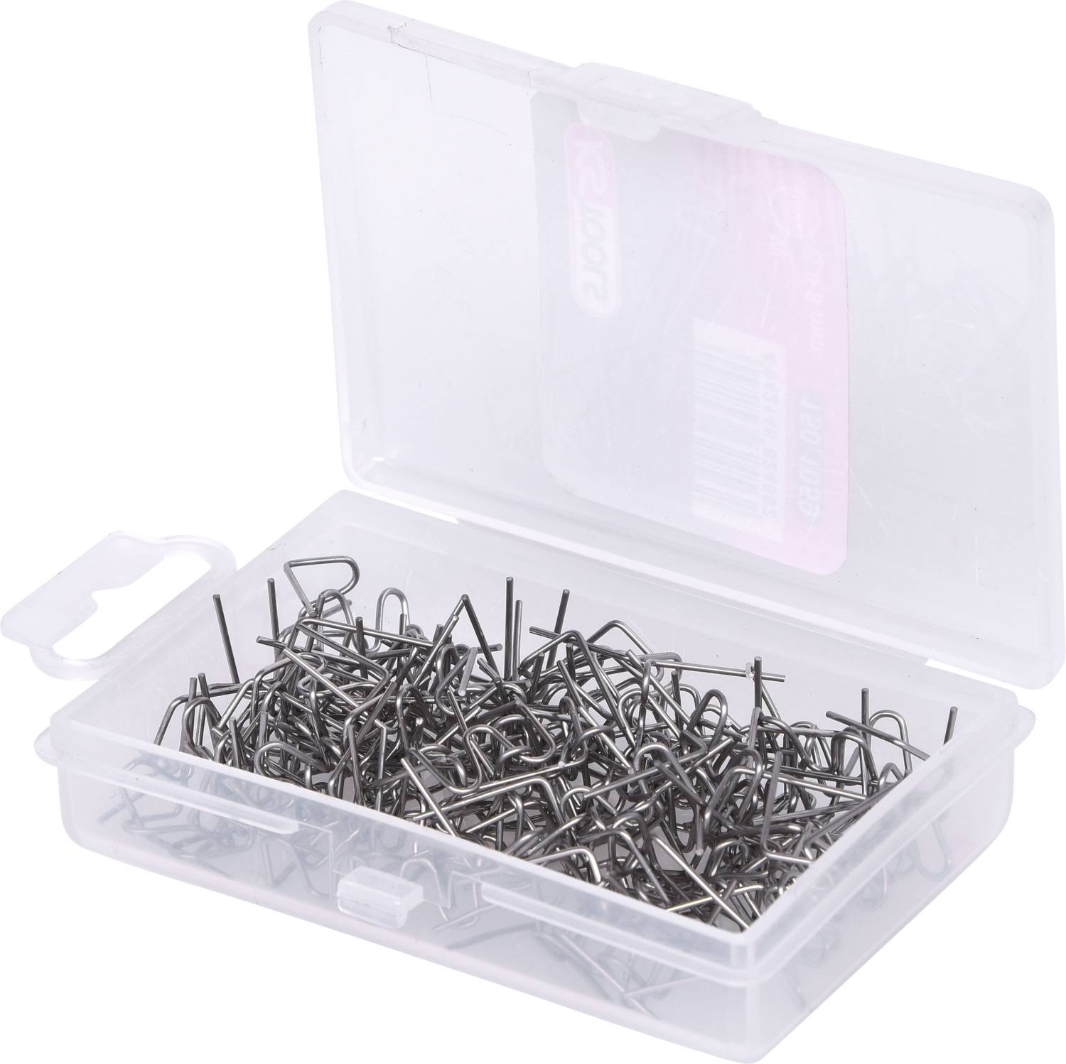 Geöffnete Plastikbox mit zahlreichen silbernen Stecknadeln.
