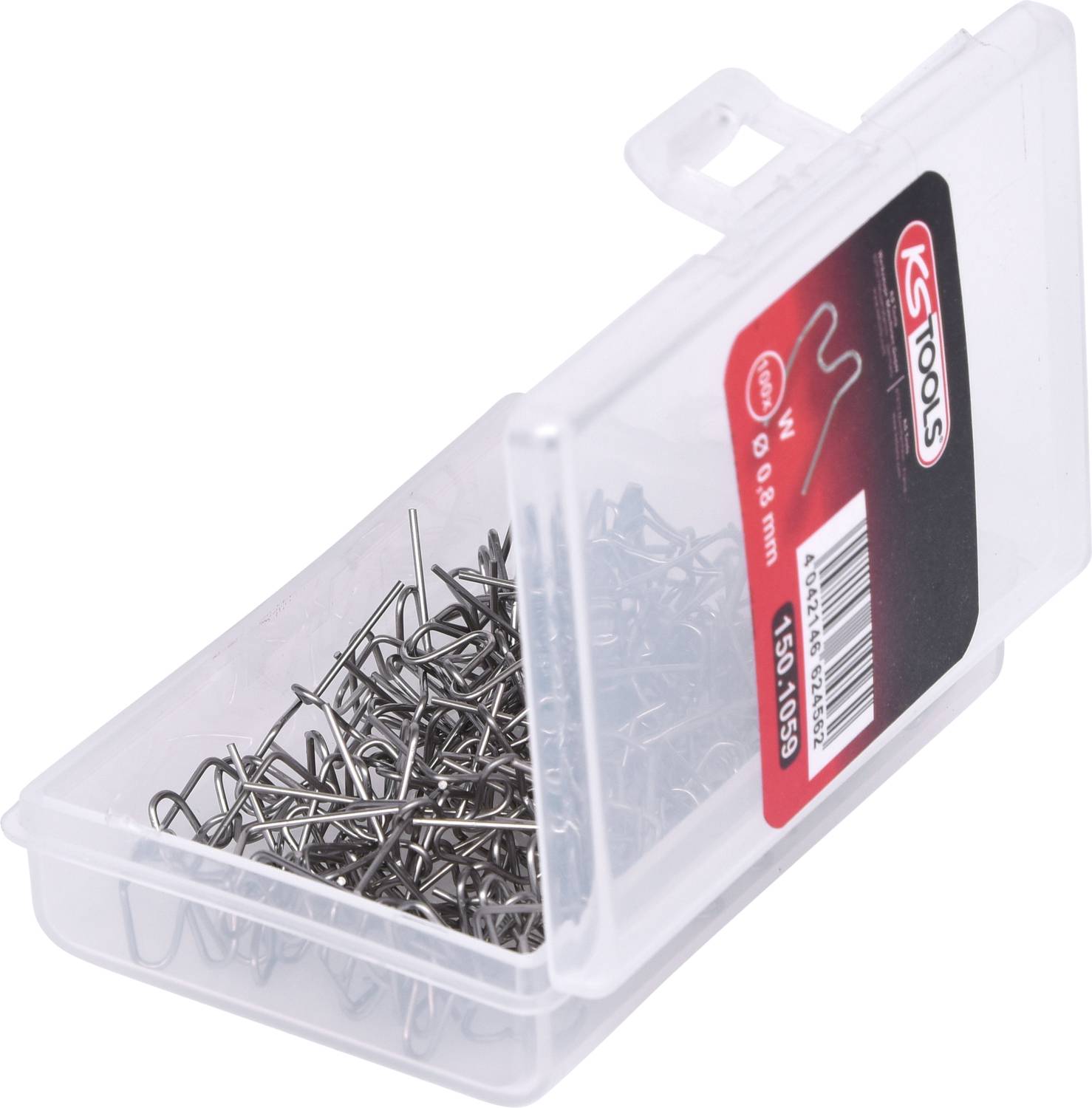 Durchsichtige Plastikbox mit grauen Metallstiften, teilweise geöffnet, zeigt Inhalt. Die Stifte sind länglich und dünn.