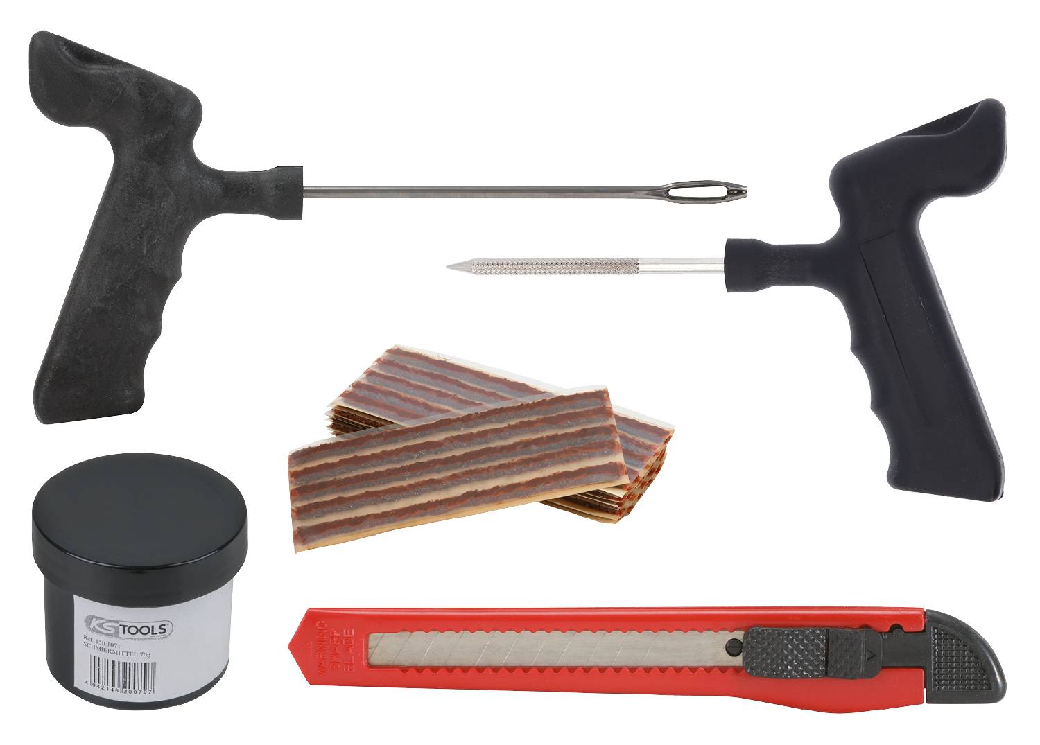 Reparaturset für Reifen mit zwei Werkzeugen zum Flicken von Reifen, mehrere klebrige Streifen sowie einem roten Cuttermesser.