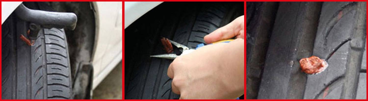 Reifenpanne-Reparatur: Ein beschädigter Autoreifen wird mit Werkzeug repariert. Ein Stück Gummi wird in das Loch eingeführt und fixiert.