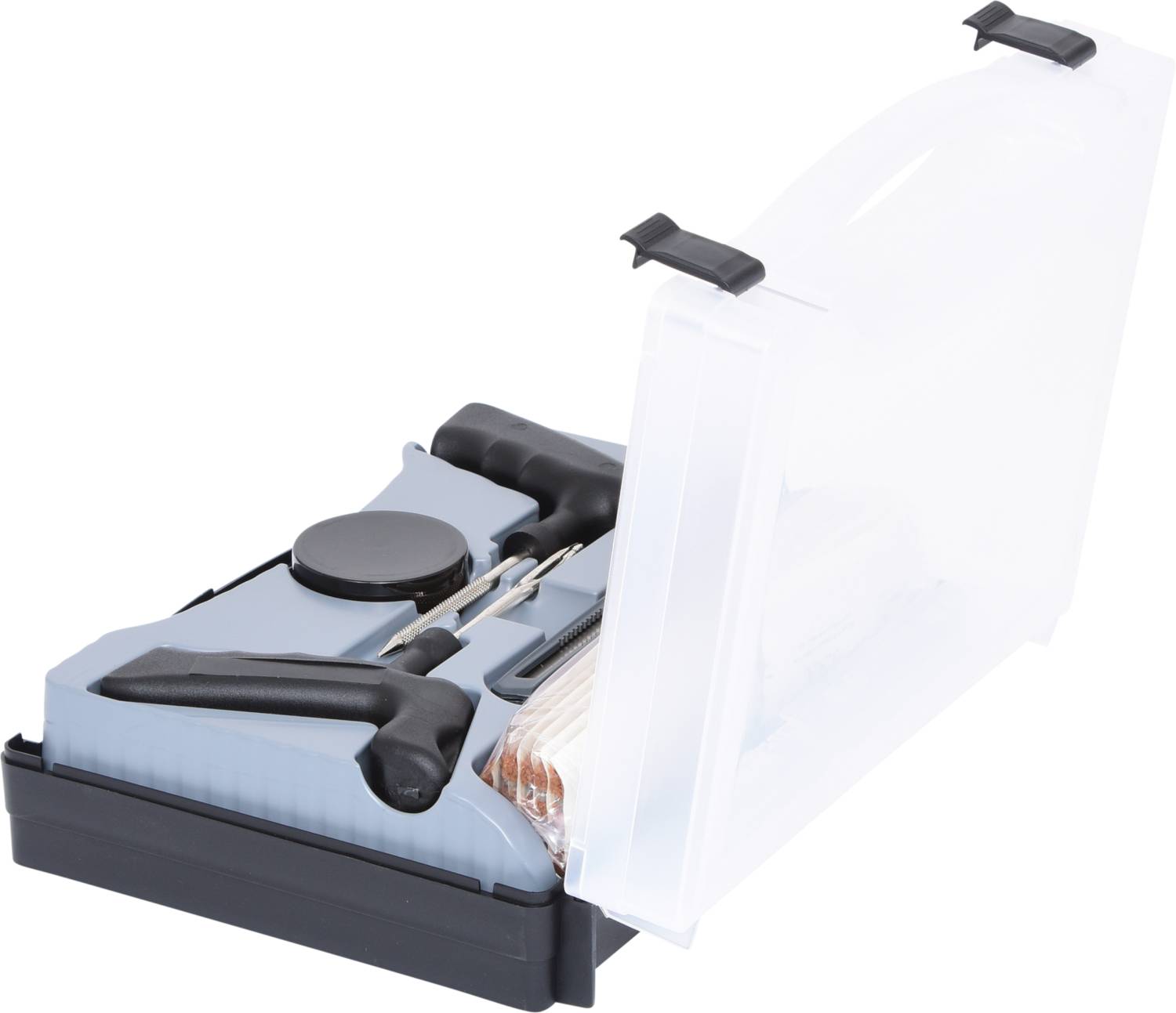 Ein Reparaturset in einem geöffneten, durchsichtigen Kunststoffkoffer. Es enthält Werkzeuge und Zubehör zur Reifenreparatur.