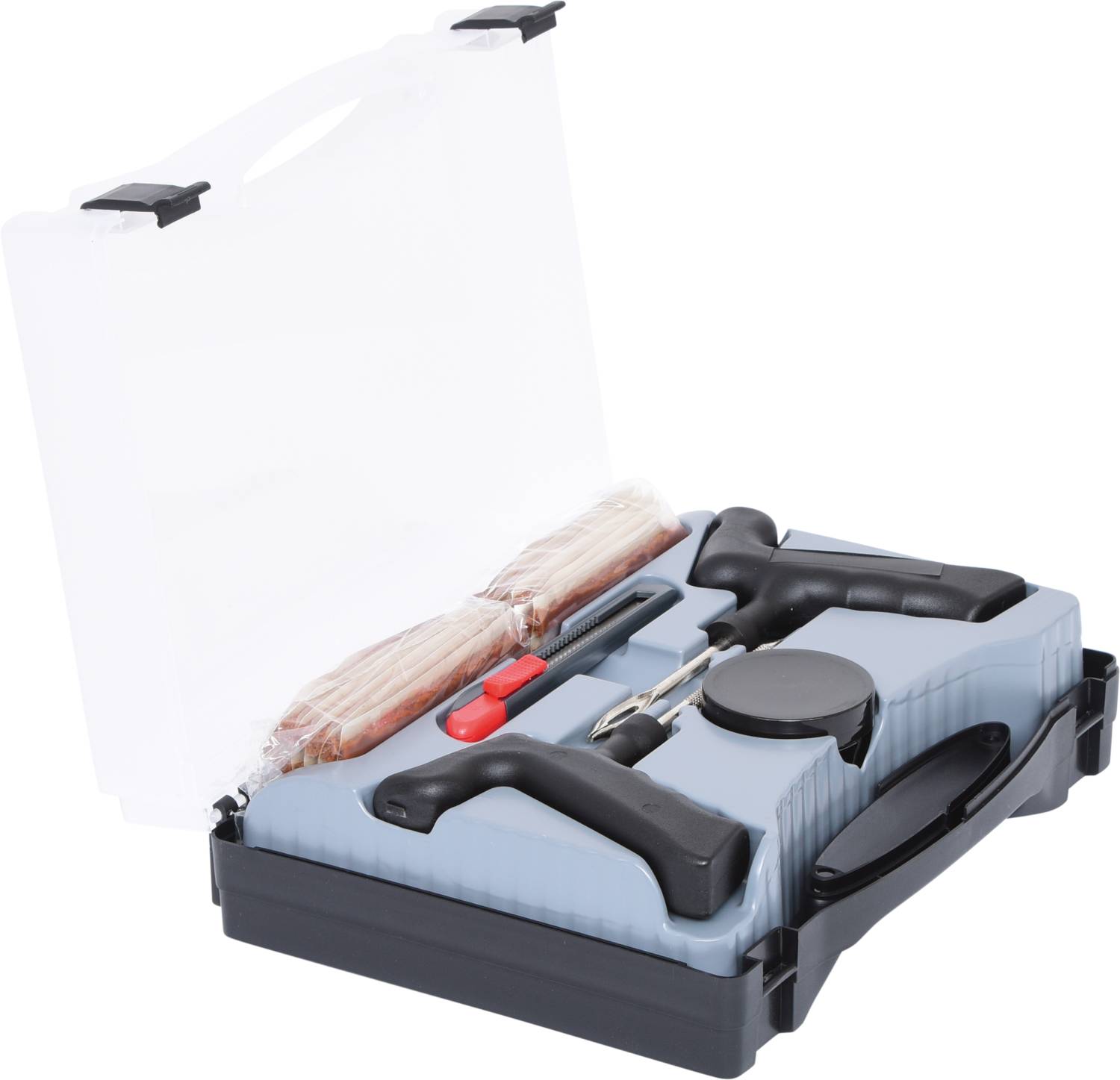 Werkzeugkoffer mit verschiedenen Werkzeugen: zwei Griffe, Haken, Pinsel und Klinge. Ideal für Reparaturen und Heimprojekte.