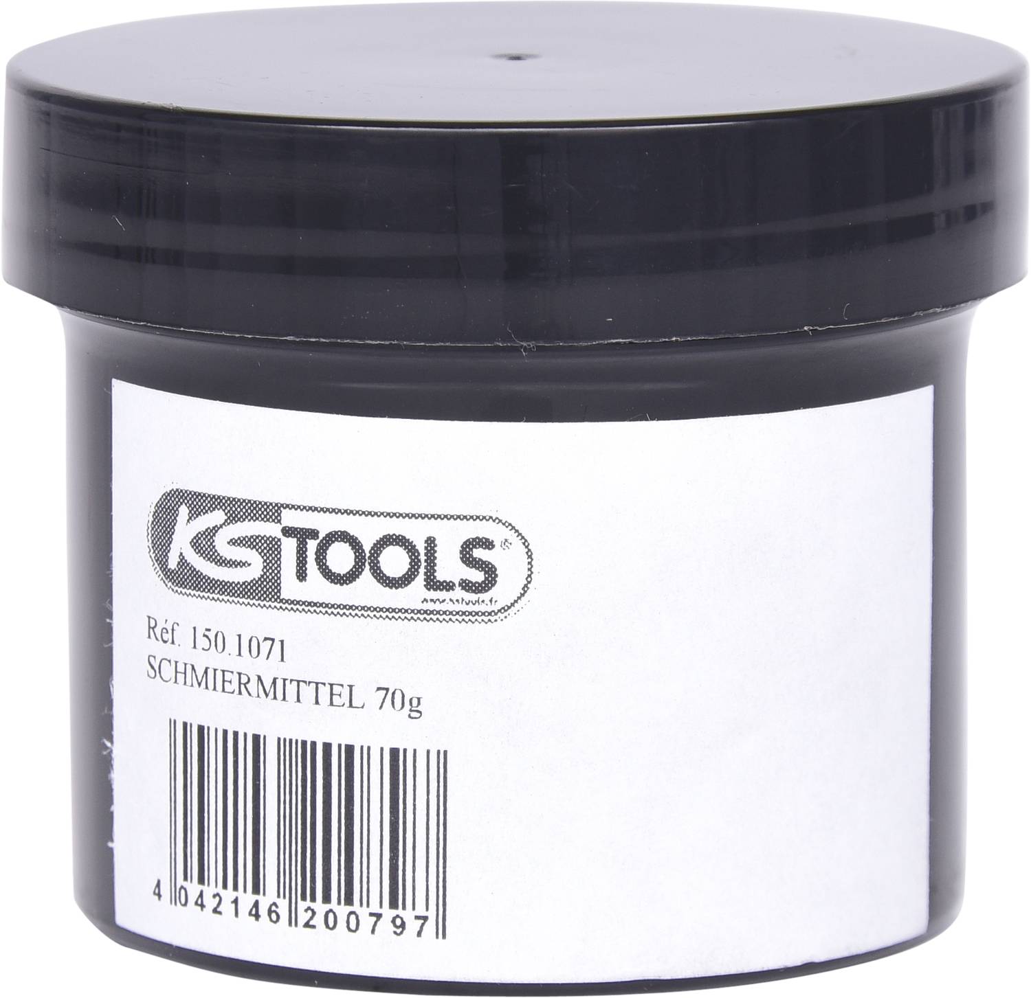 Schwarzer Behälter mit Aufschrift 'KS Tools Schmiermittel 70g'. Enthält Barcode und Referenznummer 150.1071.