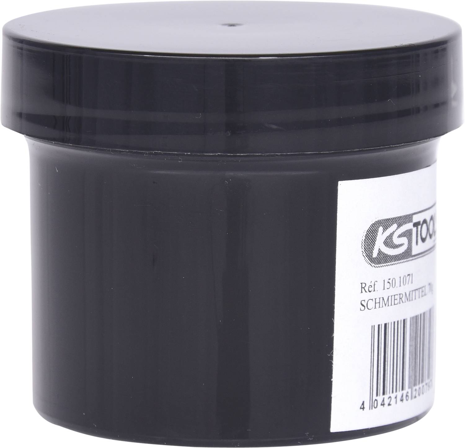 Schwarze Dose mit Deckel, enthält Schmiermittel, Etikett mit Barcode und Referenznummer '150.1071', Marke unleserlich.